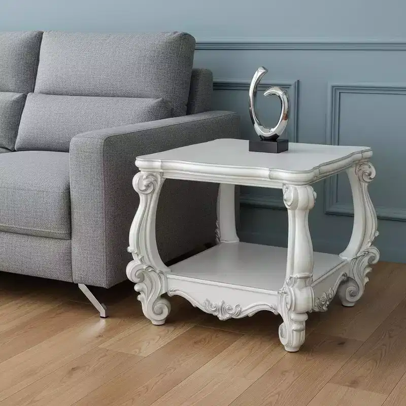 HomeRoots 26 Antiqued White Manufactured Wood Square Scroll End Table With Shelf
