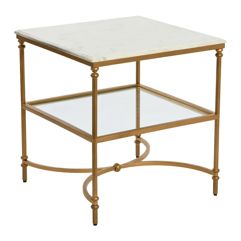 Square Marble Top End Table, Gold/Black & White, Iron Legs, Glass Shelf