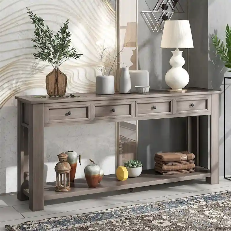 Merax Rustic Console Table with Storage Drawers and Bottom Shelf