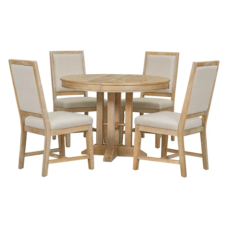 5 Pcs Wood Kitchen Furniture Set, Extendable Round Dining Table Set with Removable Leaf and 4 Upholstered Chairs