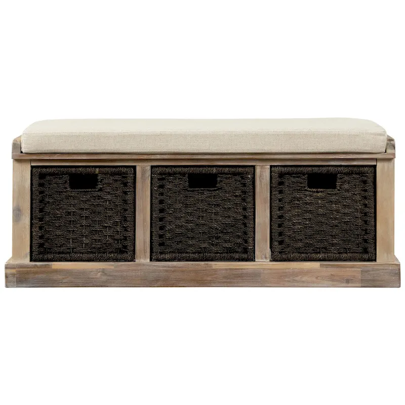 Entryway Bench with 3 Removable Classic Rattan Baskets - 43.7L x 15.7W x 17H
