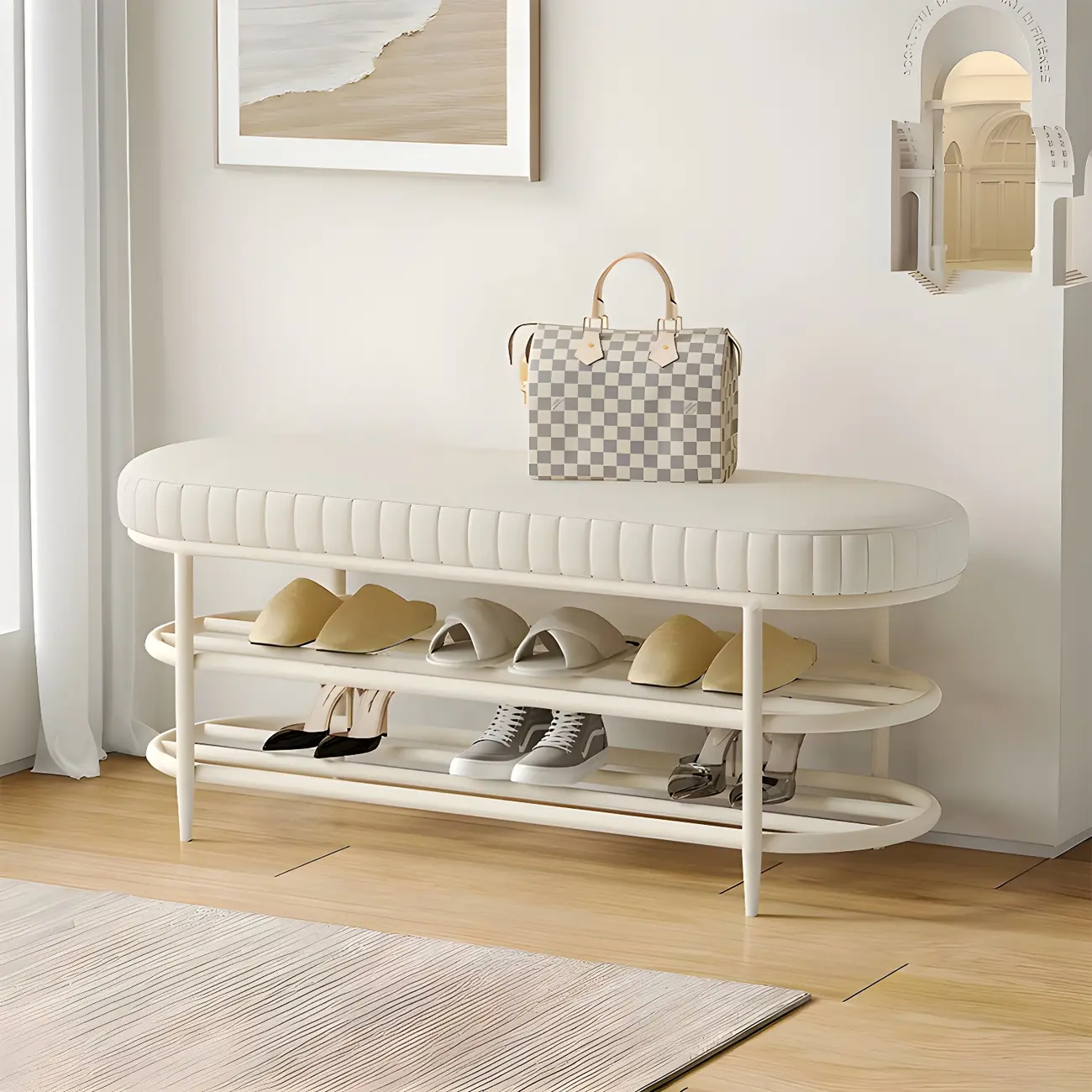 Elegant Oval Metal Cushioned Shoe Rack Bench