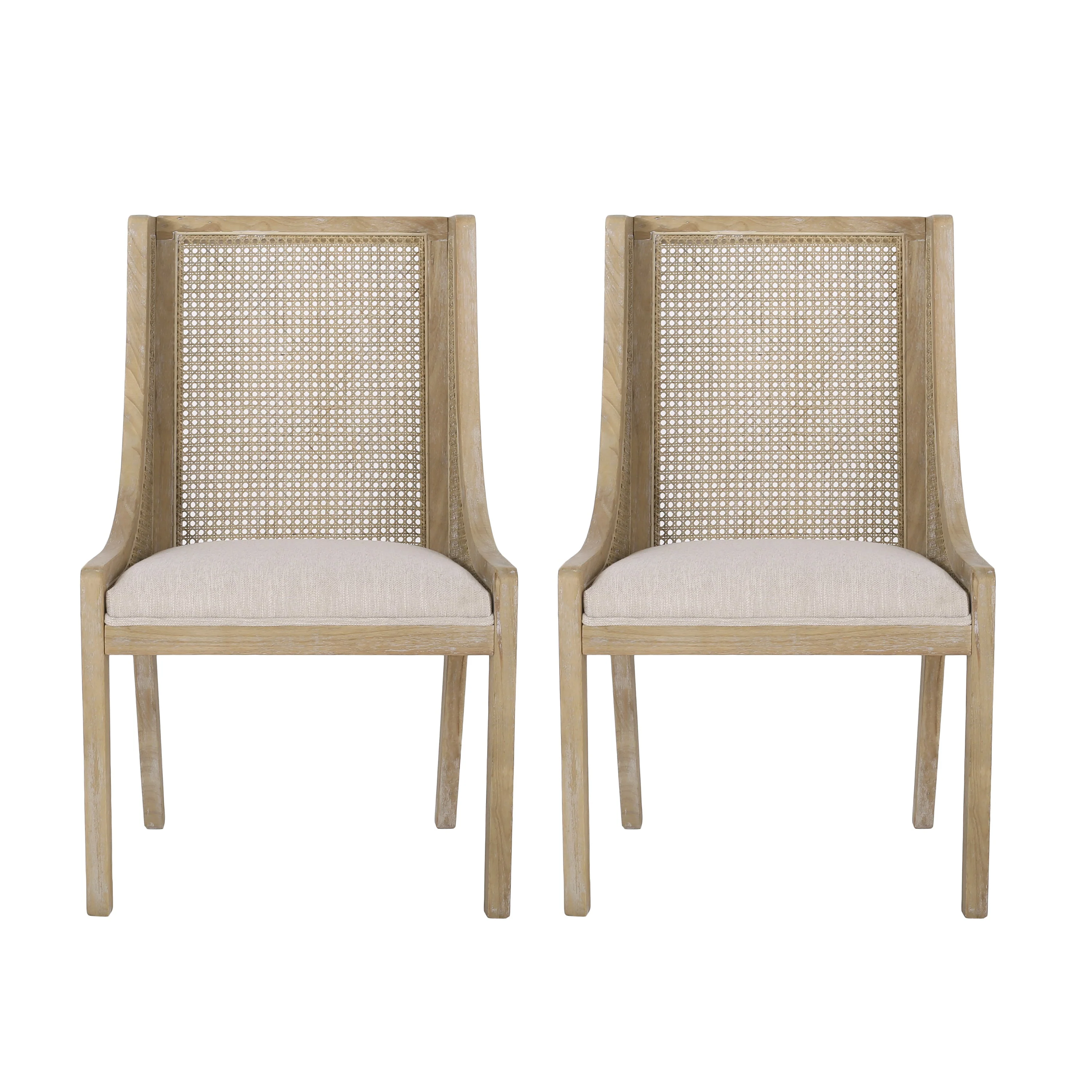 Rustic Cane and Wood Upholstered Dining Chairs, Set of 2
