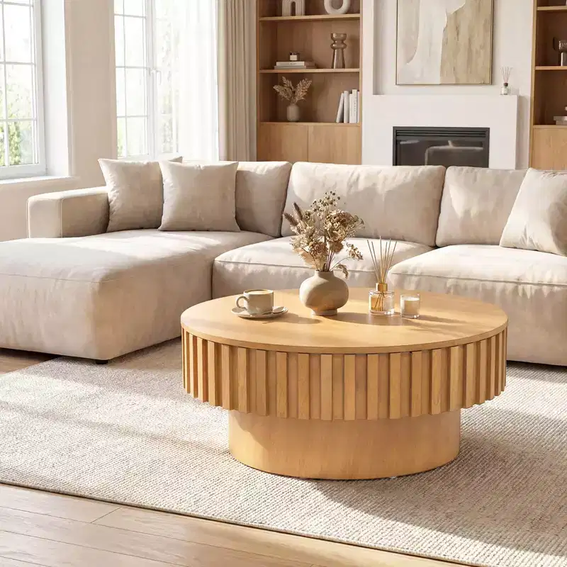 Costway Round Coffee Table with Storage, Wooden Drum Coffee Table with Hidden Compartment Walnut/Natural