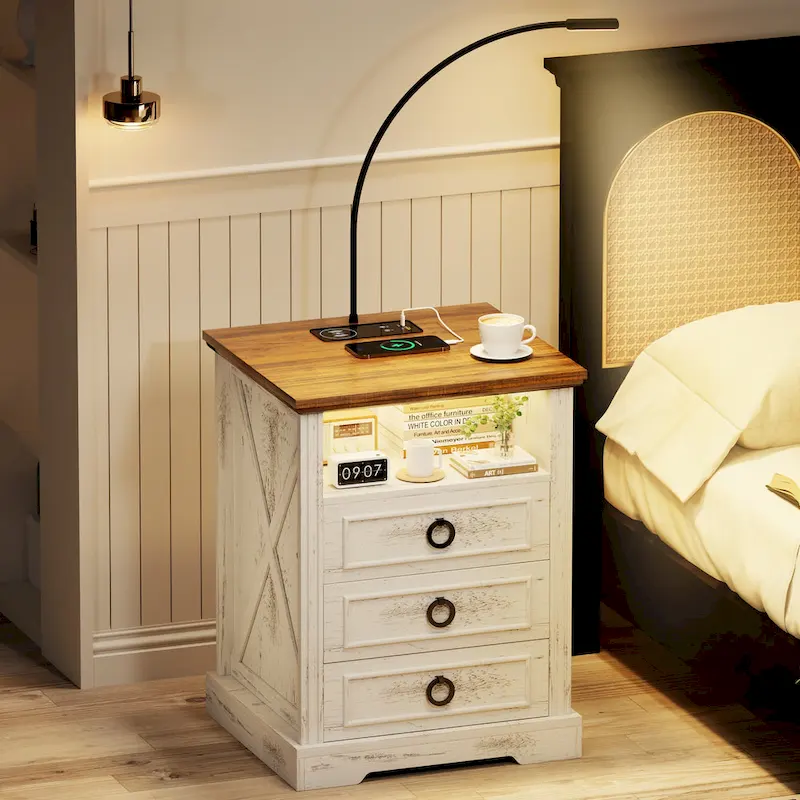Off-White / Brown / Dark Oak / Antique White 3-Drawer Nightstand with LED Lights, Reading Lamp & Wireless Charging