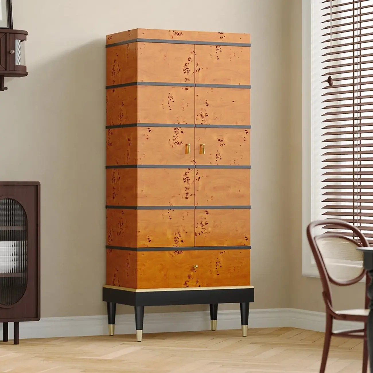 Rustic Burl wooden Drawer Wine Cabinet with Glass Rack