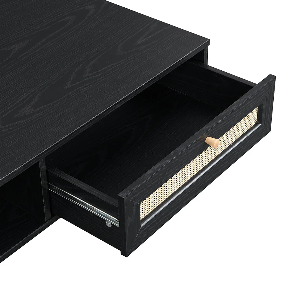 Woven Rattan Wooden Coffee Table in Black