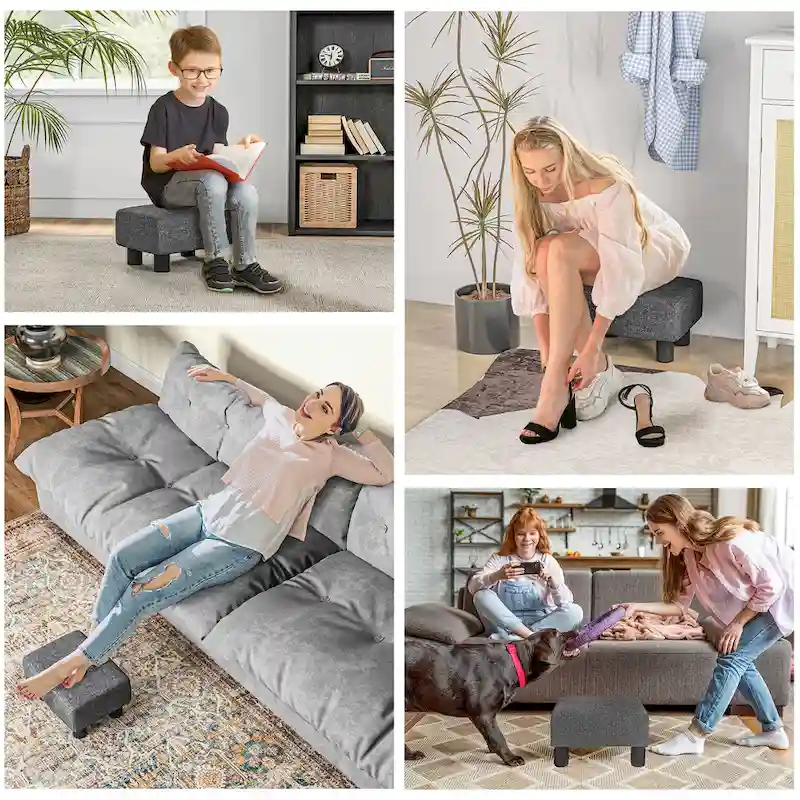 Dark Blue Linen Footrest Ottoman - Rectangle Cube Design