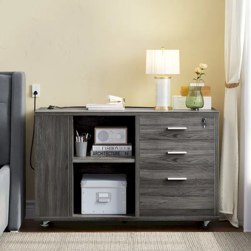 Brown Mobile Wood Lateral File Cabinet with Charging Station & Lock