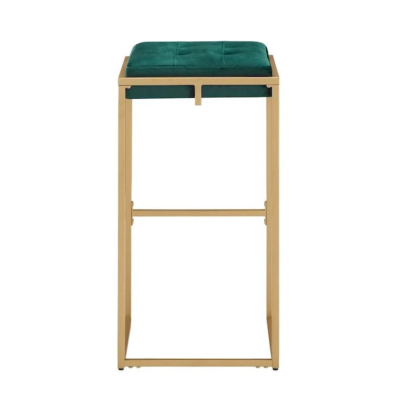 Backless Velvet Button-Tufted Bar Stool with Gold Metal Base & Footrest – Beige / Blue / Green, Counter / Bar Height