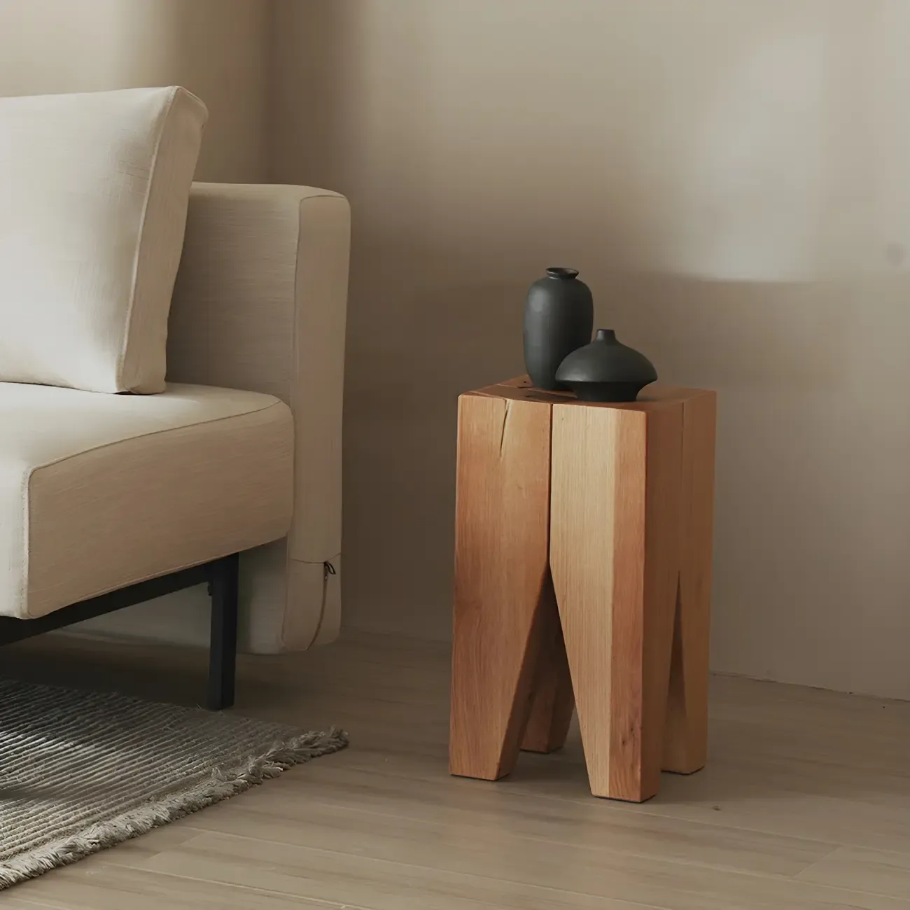 Natural Square Pine Wood Short End Table with Abstract Base