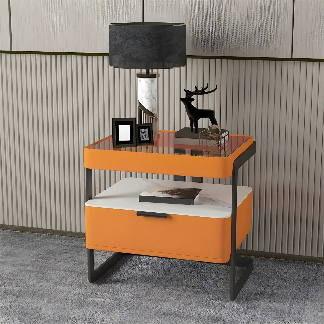 Modern Wood Nightstand with Glass Countertop and Drawer