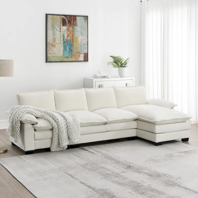 Beige/Grey/Yellow/Navy Blue L-Shaped Chenille Sectional Sofa with Chaise, 5-Seat