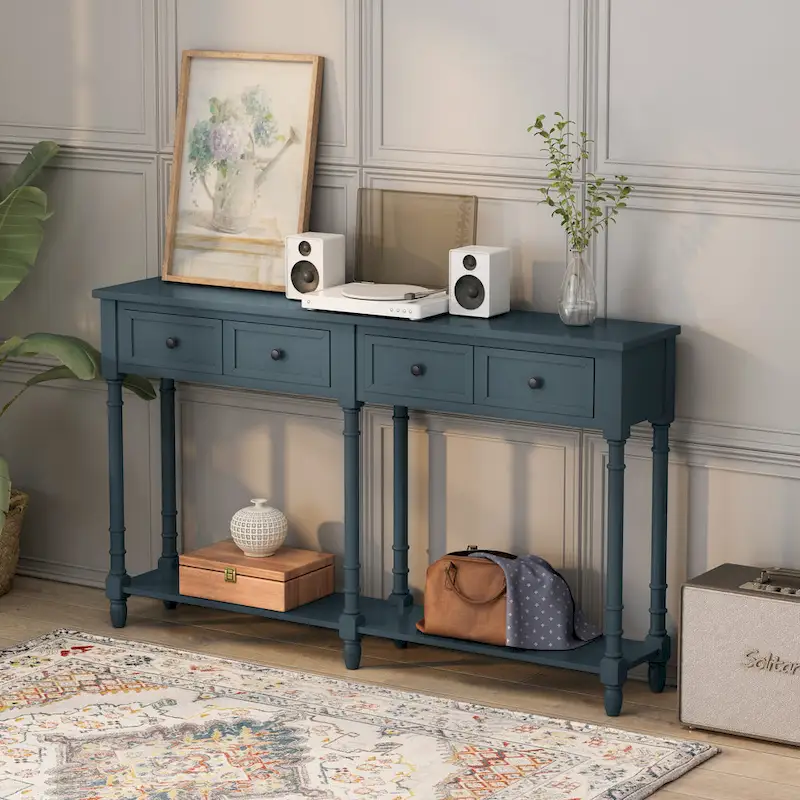 Espresso / Navy Console Table with 2 Drawers & Bottom Shelf, 1-Person Use