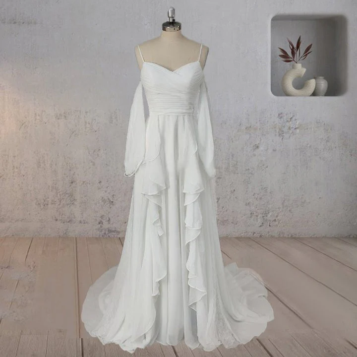 A-Line Chiffon Detachable Puffy Sleeves Wedding Dress
