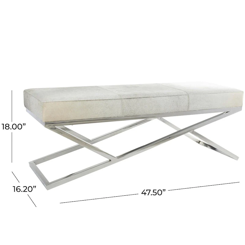 Leather Geometric Home Bench with Angled Silver Metal Base - Light Grey
