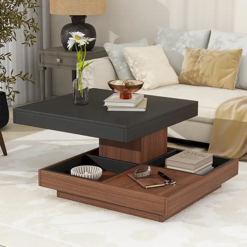 Modern 2-Tier Square 360Rotating Coffee Table with 3 Detachable Tray