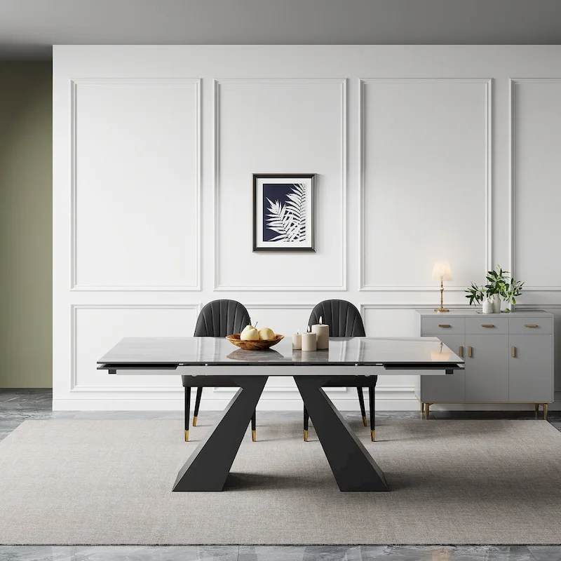 9 - Piece 110.24 Extendable Sintered Stone Dining Table and 8 Leather Chairs Dining Set