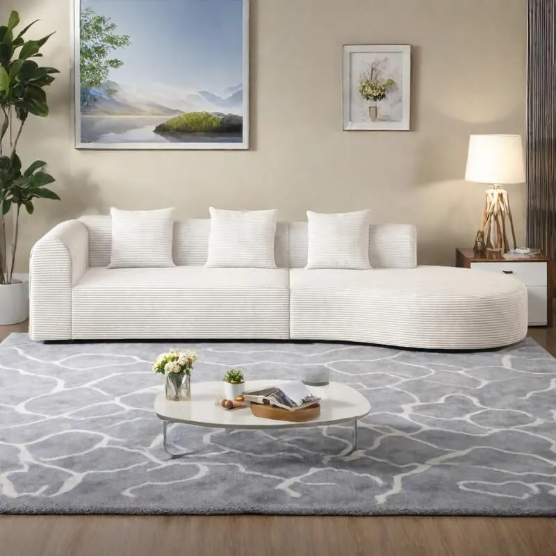 White/Green Corduroy Modular Sectional Sofa, 4-Seater
