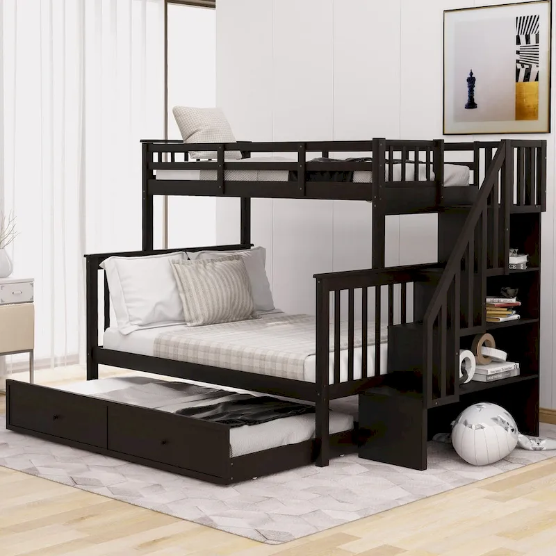 Espresso/Grey/White Stairway Twin-Over-Full Bunk Bed with Trundle & Storage, Sleeps 3