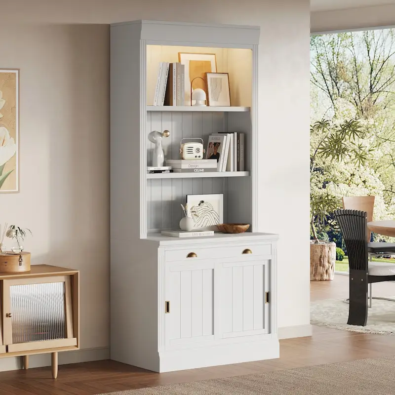 White Modern Bookcase with Sliding Doors, LED Light, 1 Drawer – 2 to 3 Person Assembly