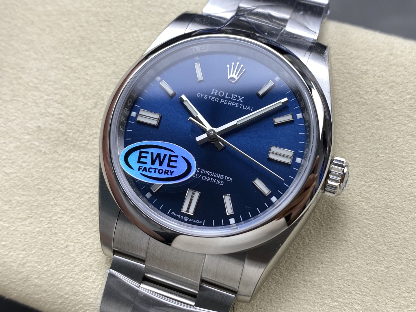 close up of replica rolex dial with EWE factory sticker