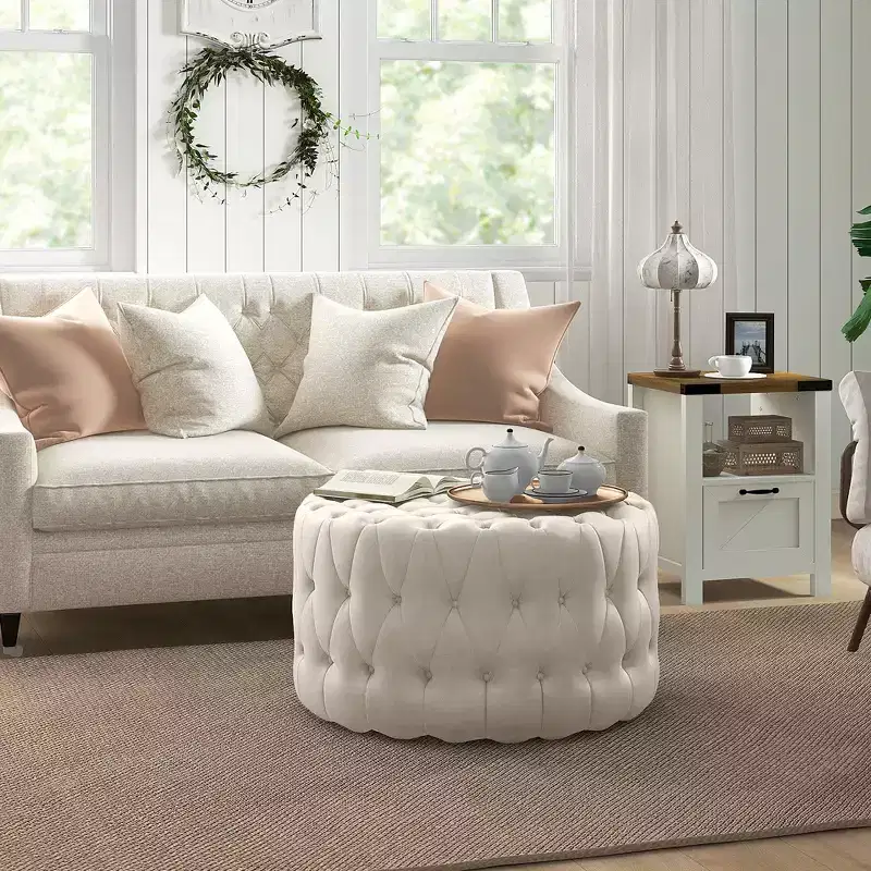 Round Ottoman Coffee Table with Velvet-feel Upholstery, Button Tufted Design and Padded Seat