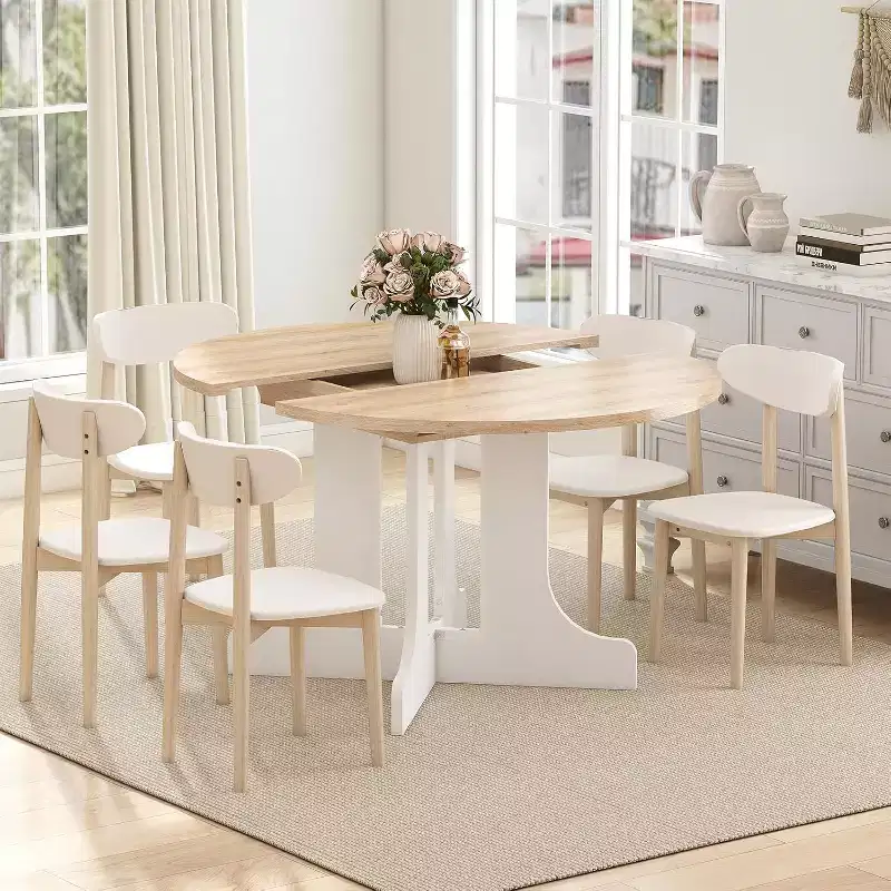 Zevemomo43-59 Expandable Dining Table, for 4-6, with Removable Leaf, Trestle X-Shaped Base & Metal Track for Dining Room, Living Room-Oak