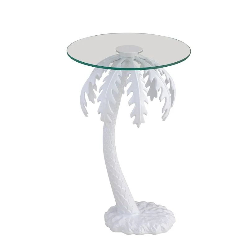 White Palm Tree End Table, Metal Base & Clear Glass Top, 1-Person Side Table