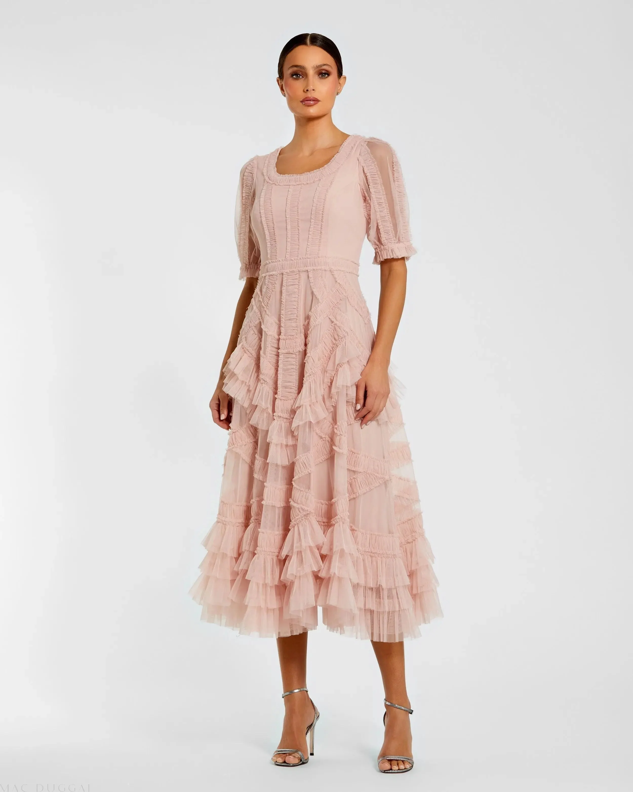 Pink Short Sleeve Mesh Micro Ruffle Midi Dress