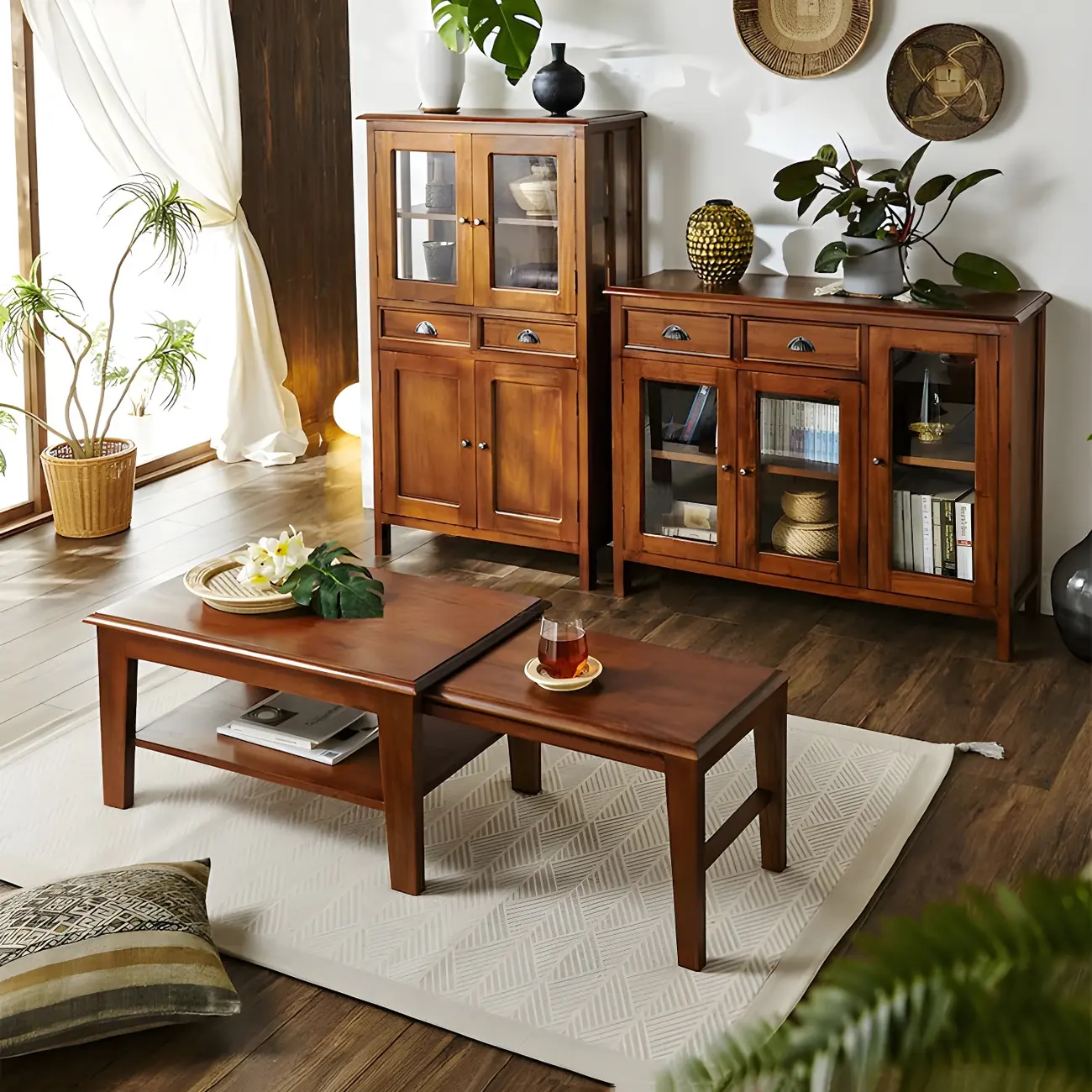 Traditional Wood Brown Glass Door Storage China Cabinet