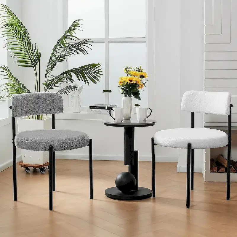 White/Grey/Black Upholstered Round Dining Chair, Mid-Century Style, Set of 2