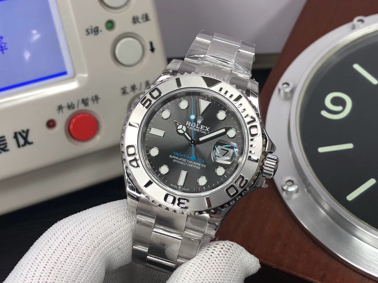 Rolex Yacht-Master replica angled front view with dial bezel and Cyclops lens