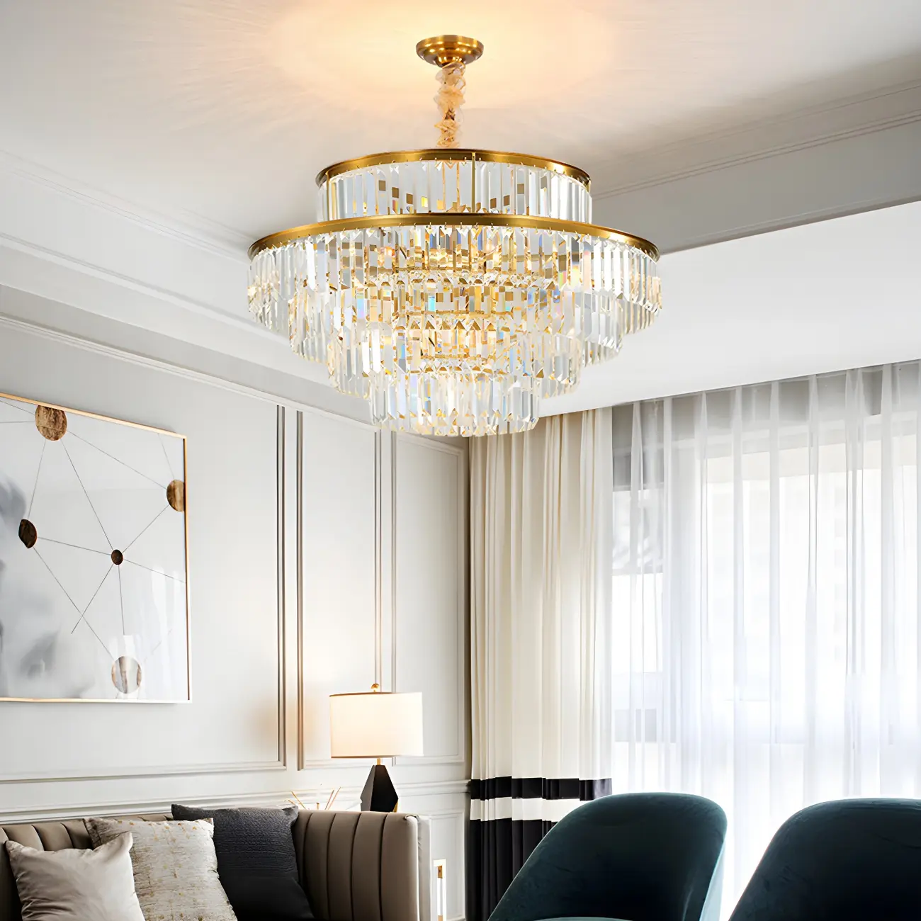 Gold Crystal Cylinder Tier Circle Chandelier
