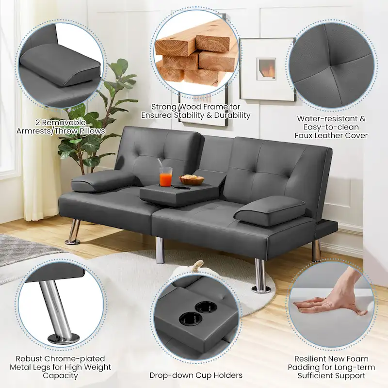 Yaheetech Faux Leather Convertible Futon Sofa Bed 3-In-1 Adjustable Futon Couch