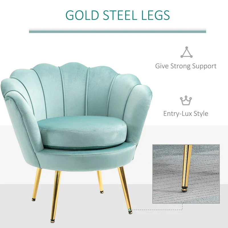 Green Velvet Lotus Accent Chair with Gold Legs - Single Seat