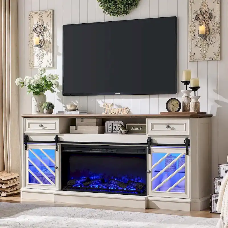 Farmhouse Fireplace TV Stand for 85 Inch TV, Entertainment Center