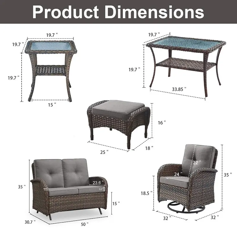 Patio Glider Loveseat Coffee Table, Swivel Chair and Ottomans - Brown