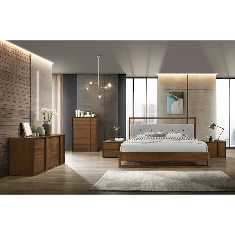 Modern Grey Fabric Walnut Bed