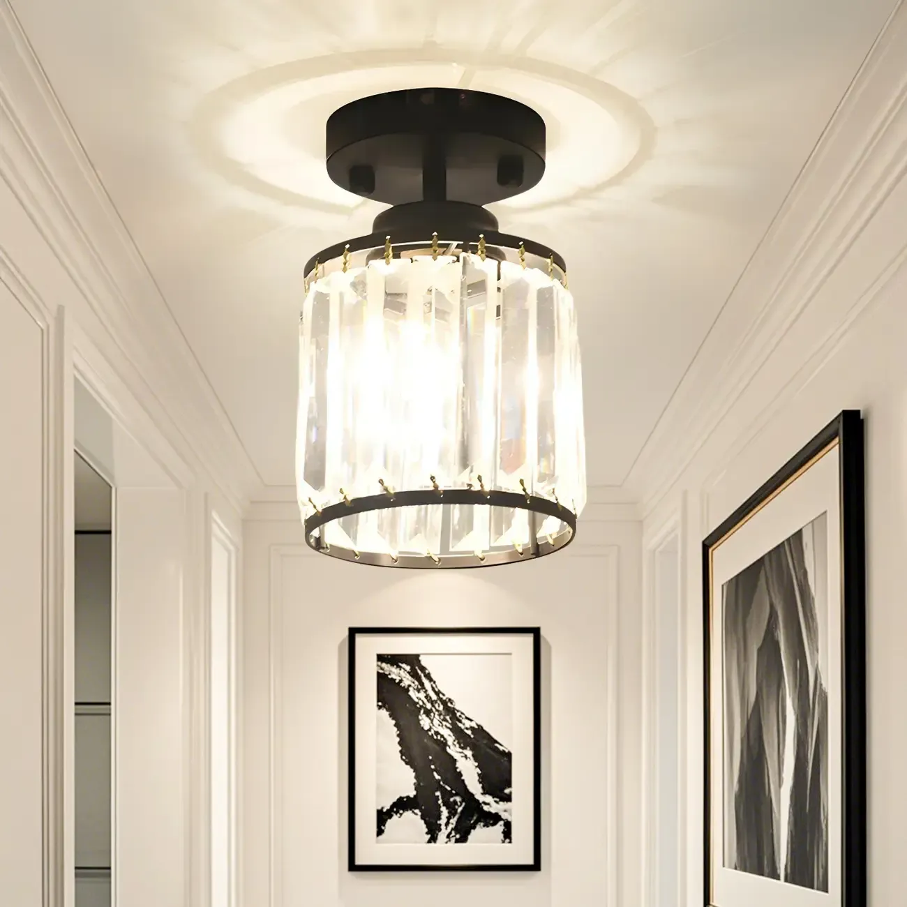 Elegant Clear Crystal Drum Semi Flush Ceiling Light