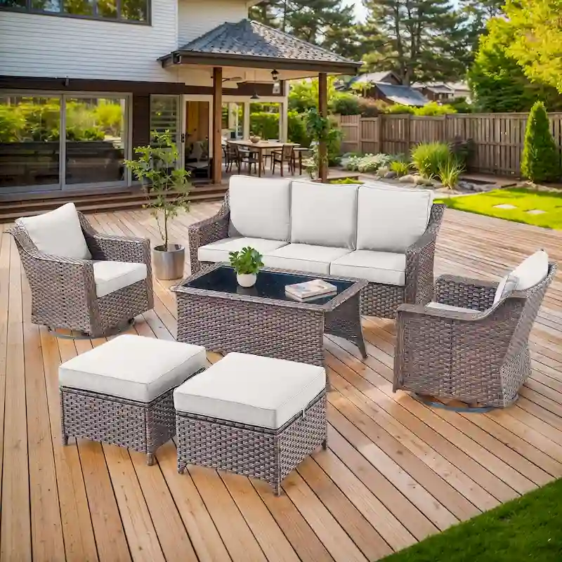 6 Pieces Wicker Sofa with Rocking Chair, Ottoman, Table - Brown