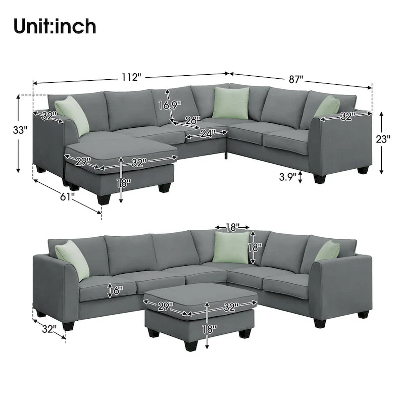 112-inch L-shaped 7-seat Modular Sectional Sofa with Ottoman and Three Pillows - 112W x 87D x 33H