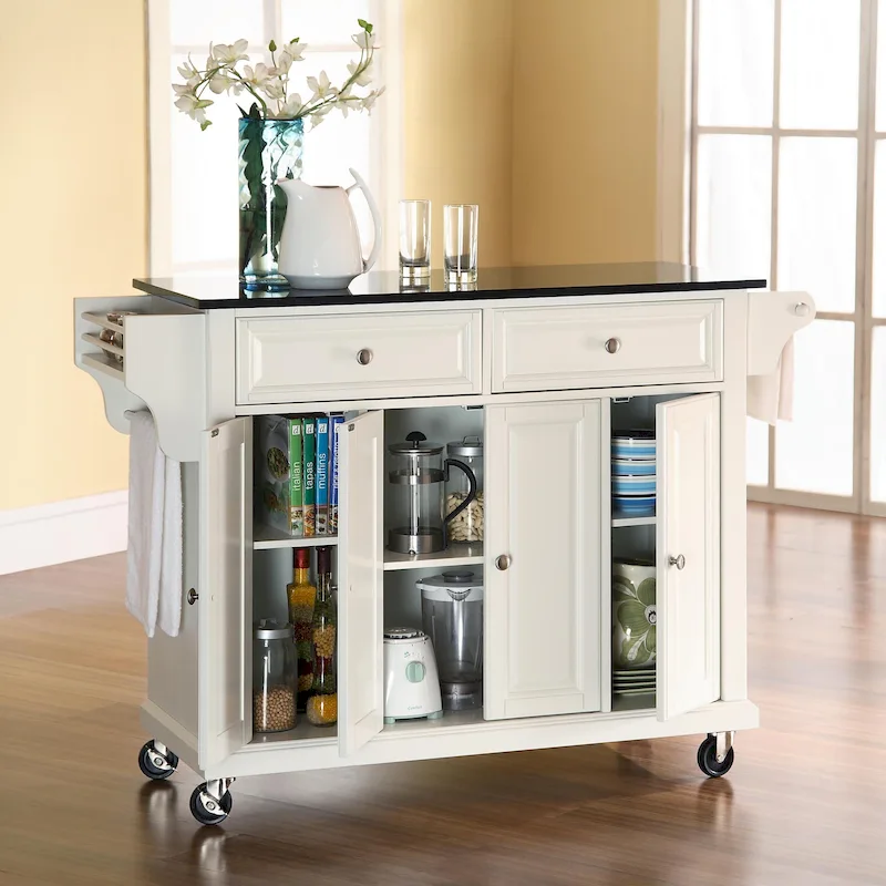 Full Size Kitchen Cart with Black Granite Top, 3 Cabinets & 2 Drawers - White - 51.5W x 18D x 36H