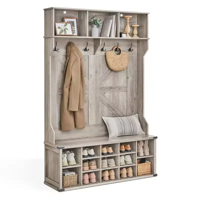 VASAGLE Hall Tree with Bench and Shoe Storage, Coat Rack with Shoe Bench, Entryway Furniture, 16 Open Compartments, 6 Tri-Hooks