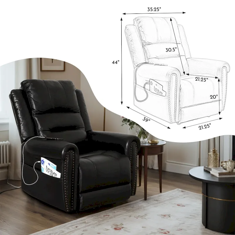 Genuine Leather Black Power Recliner Sofa, Loveseat, Recliner With Adjustable Headrest and Extendable Footrest