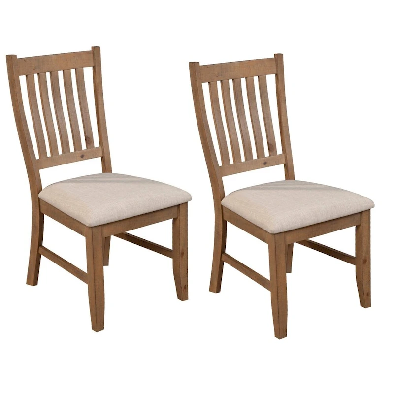 Set of 2 Dining Side Chair, Slatted Back, Beige Cushion, Brown - 20 L x 23.5 W x 39.5 H