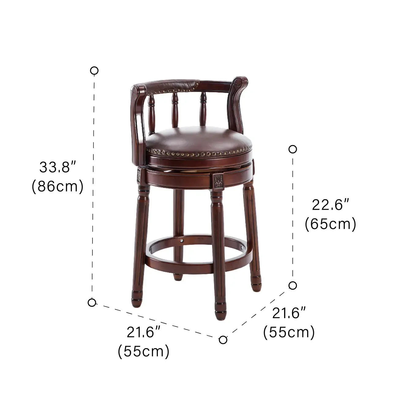 Swivel Counter Height Bar Stools in Genuine Leather & Walnut Solid Wood