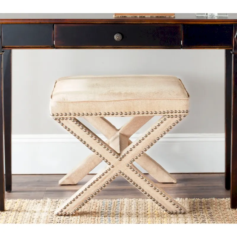 Taupe Linen Ottoman with Nailhead Trim, Classic Style, 1-Person Use