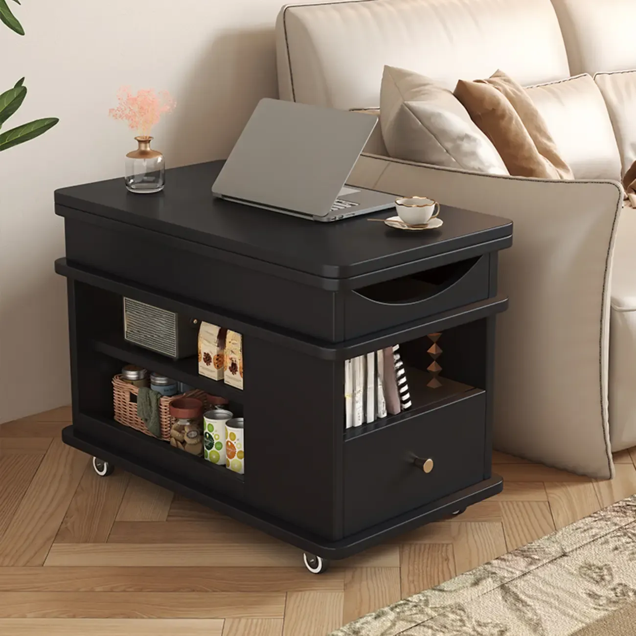 Rectangle Foldable Lift Top Wood Metal Side Table with Wheels