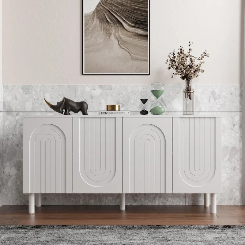 White Sideboard Credenza with Pop-Up Doors & Drawer